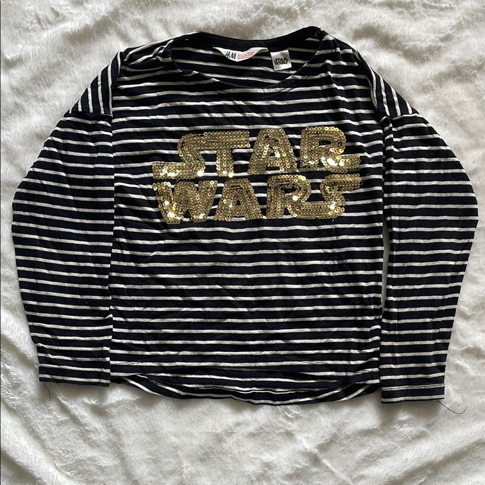H&M Black and White Stripe Long Sleeve Tee with Metallic Graphic